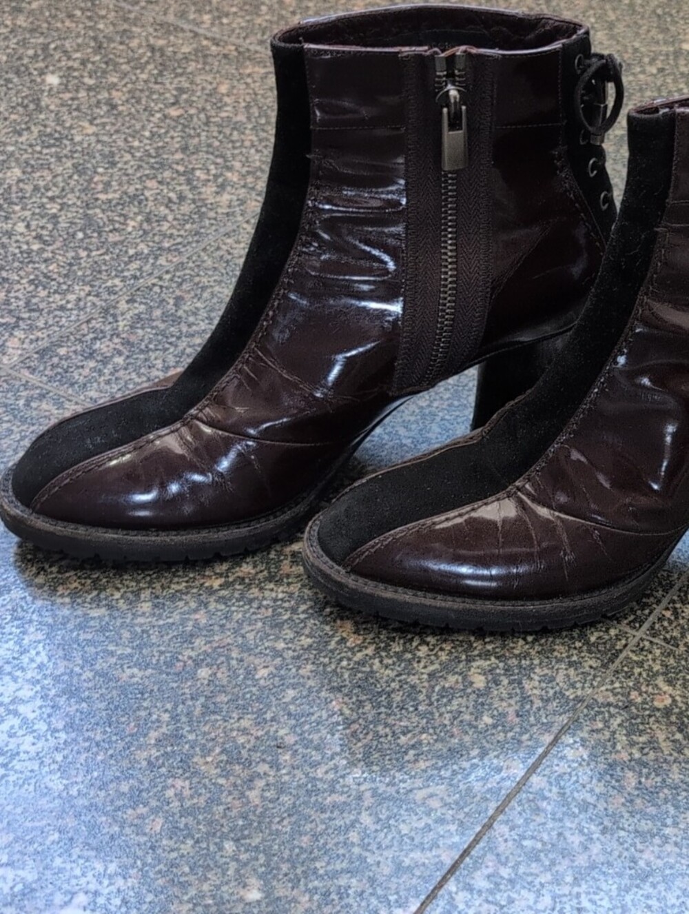 Marc Jacobs Burgundy Patent Leather Boot, Suede Stripe And Laced Backs